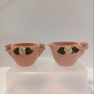 Vintage Pink Cream & Sugar Set with "White" CAPODIMONTE Rose from Italy 1930s